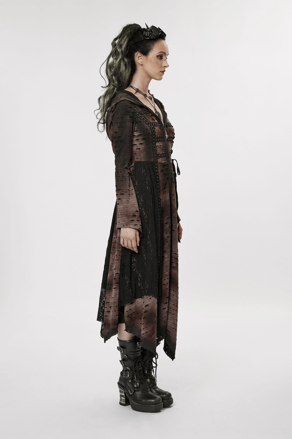 Distressed gothic hooded coat product detail showing overall silhouette, asymmetric hemline, and oversized hood design