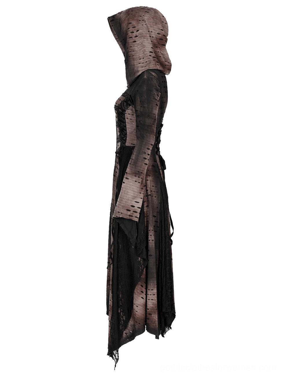 Side view of gothic hooded long coat displaying layered asymmetric skirt, draped silhouette, and irregular hem construction