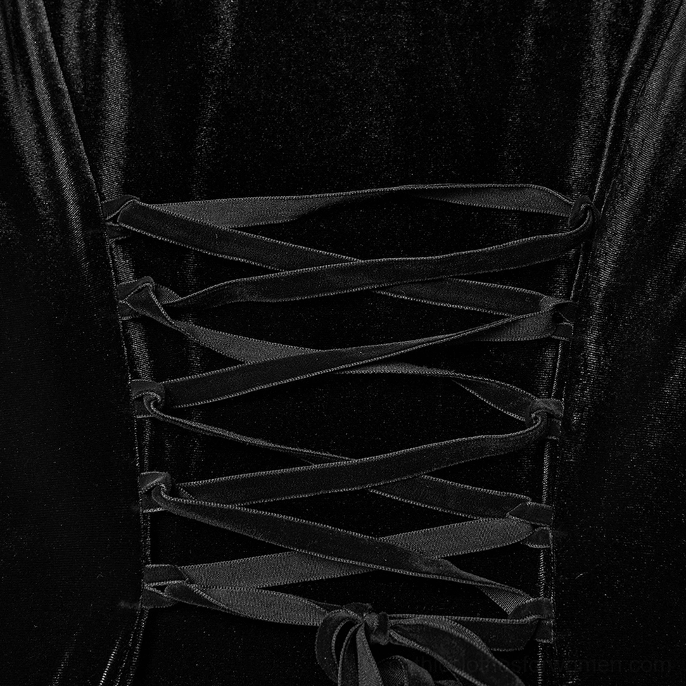 Back corset detail of gothic hooded dress showing velvet ribbon lace-up fastening, adjustable fit, and tailored waist construction