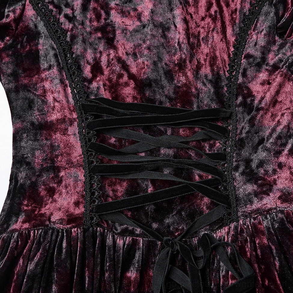 Close-up of gothic dress back corset showing burgundy-black ribbon lace-up design detail