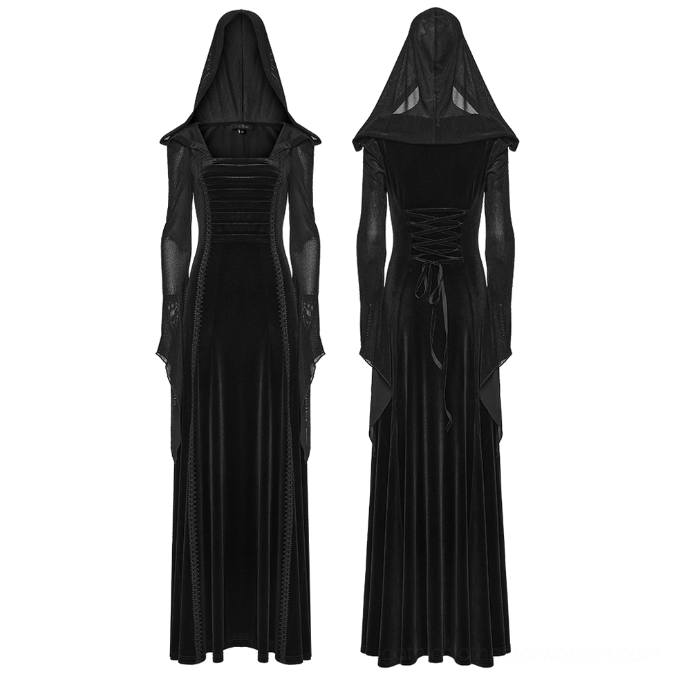Flat lay front and back product views of black gothic hooded dress with sheer mesh sleeves, ruched bodice, and lace-up back