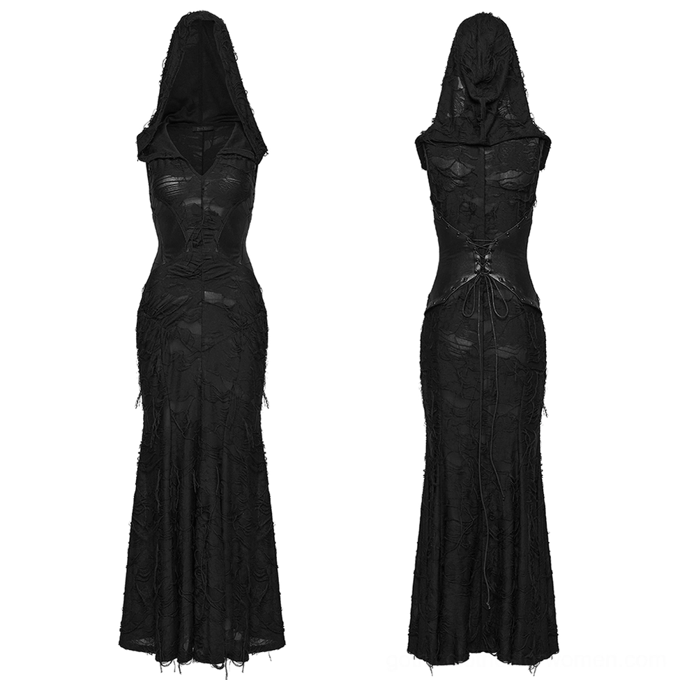 Hooded gothic fishtail maxi dress front static detail view, highlighting corset waist panel and distressed fabric texture