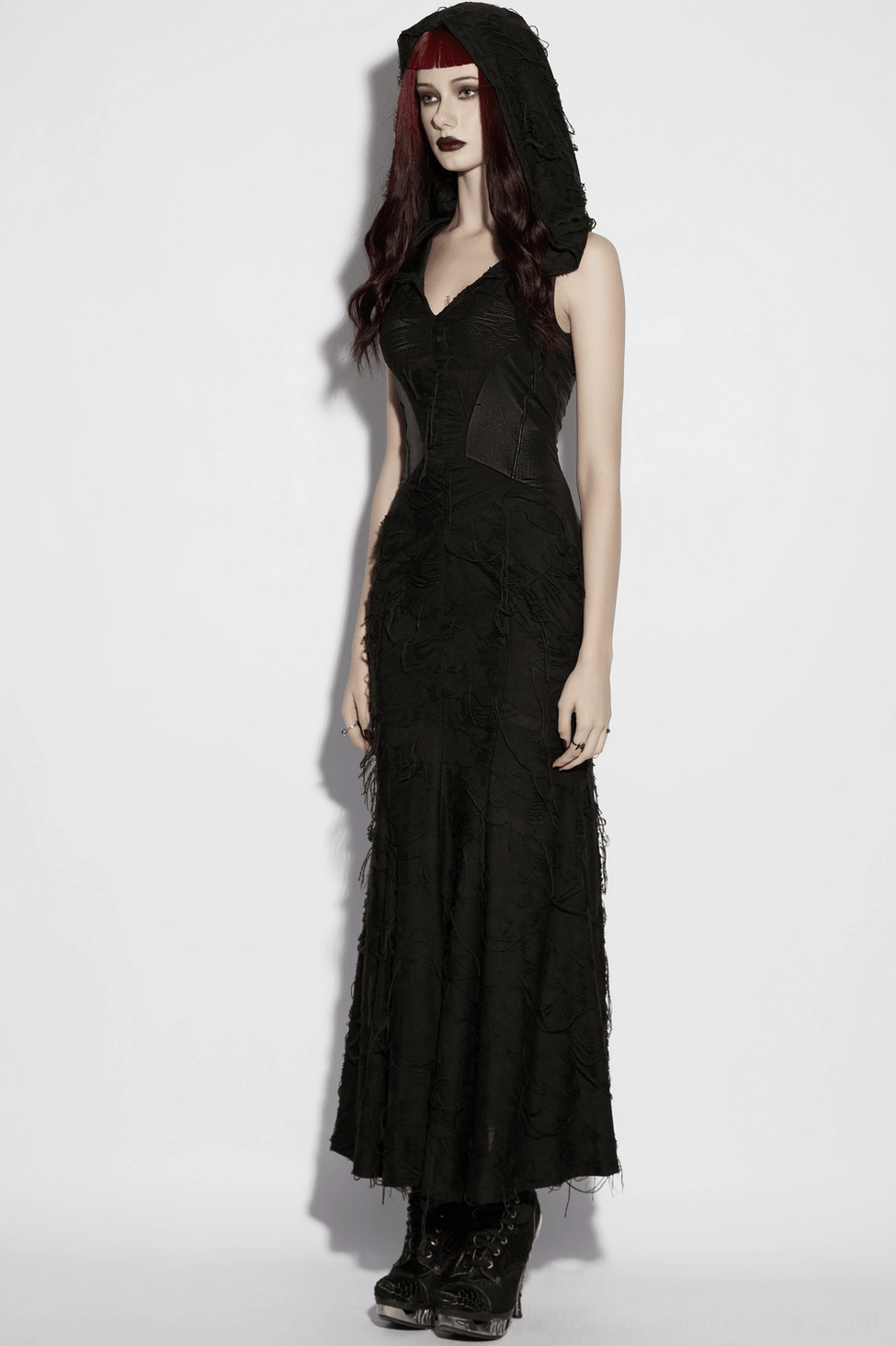 Black gothic sleeveless hooded dress front static pose highlighting slim-fit bodice and mermaid fishtail hem