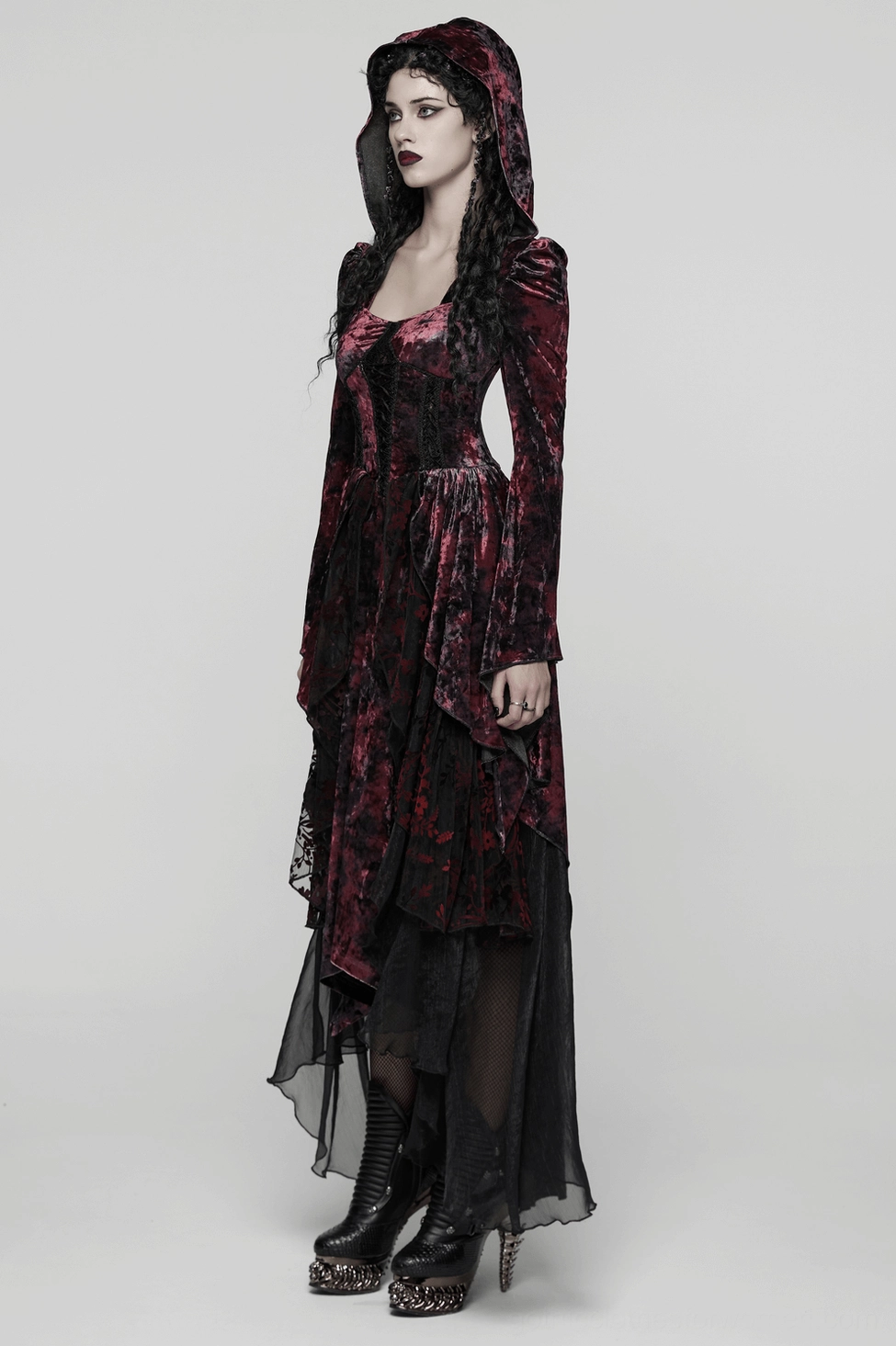 Gothic velvet hooded dress showing hood detail and fabric texture with burgundy wine red coloring