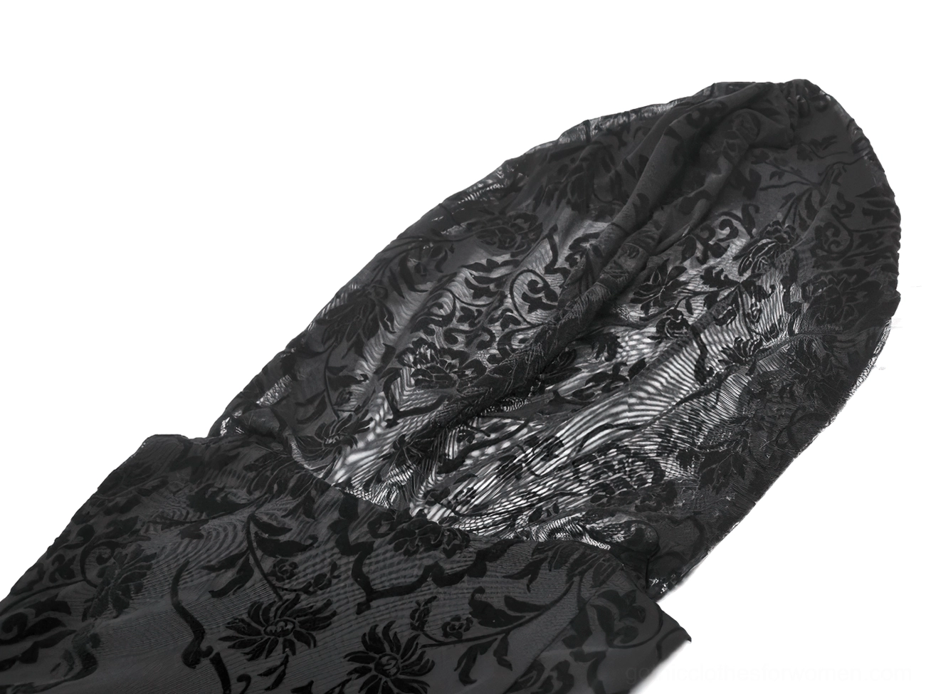 Close up side view of black lace hooded gothic dress sheer floral lace hood and velvet pattern detail