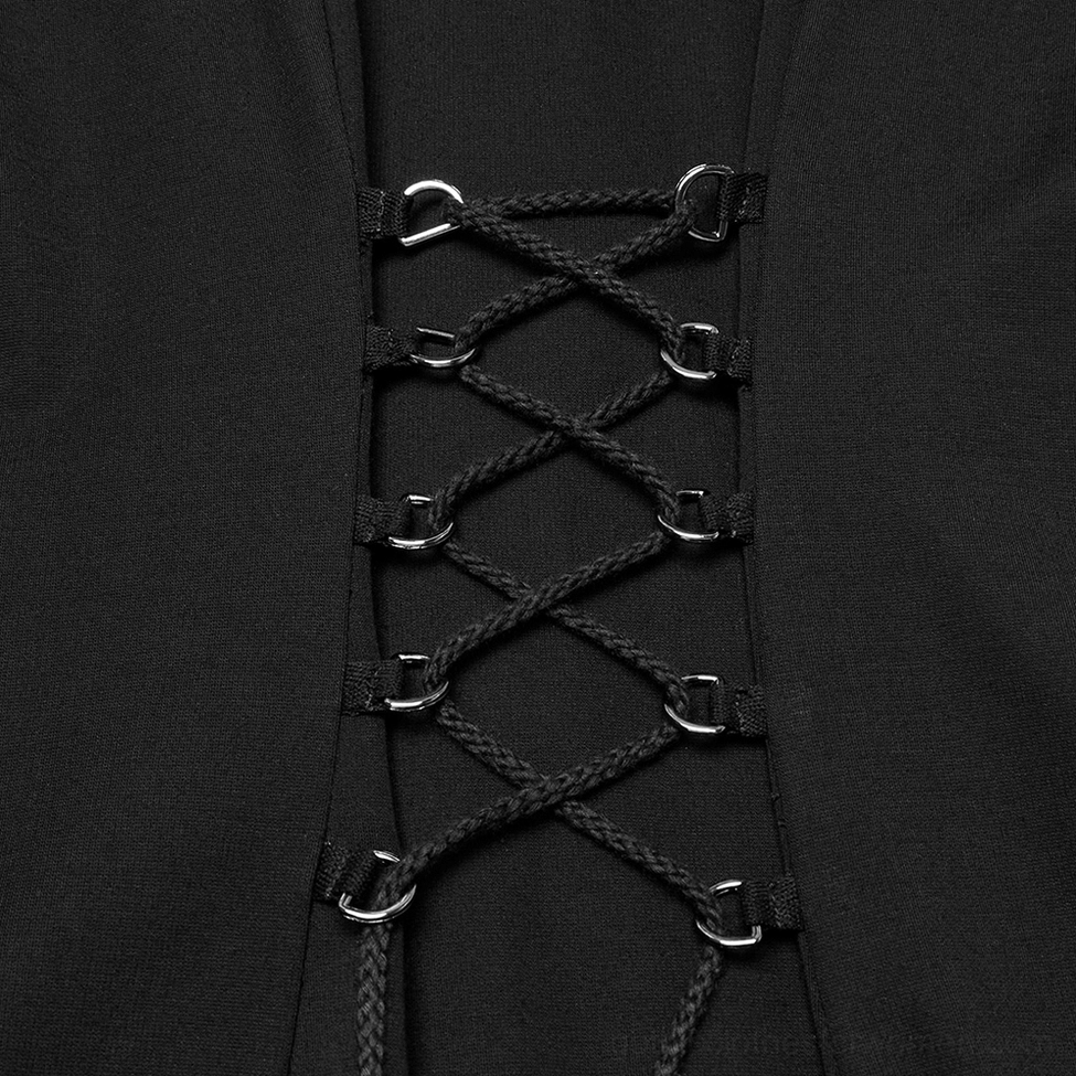 Macro shot of black lace-up corset closure with metal D-rings and webbing on gothic hooded dress
