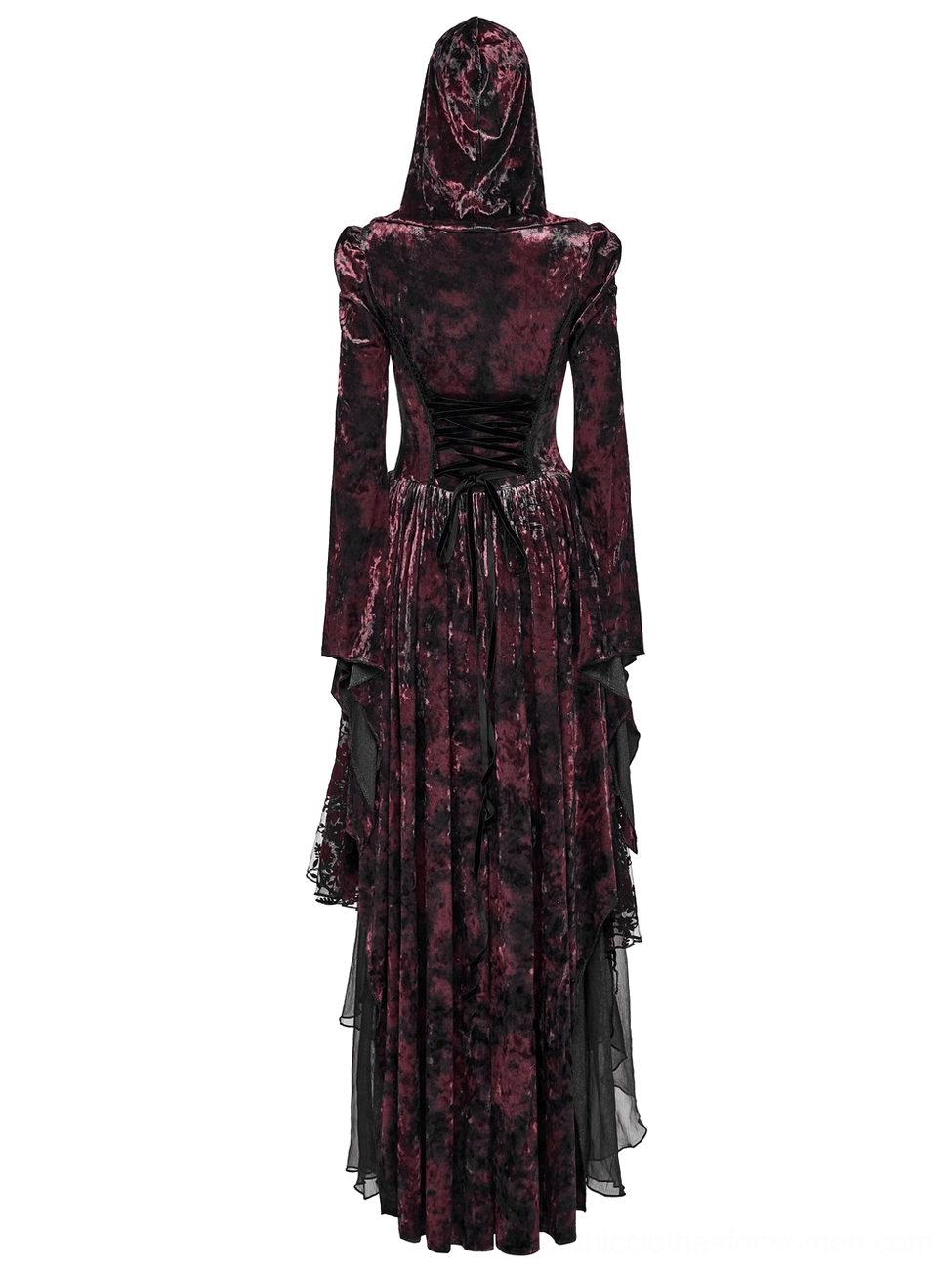 Gothic hooded velvet dress side profile showing asymmetric hem with tulle overlay and silhouette