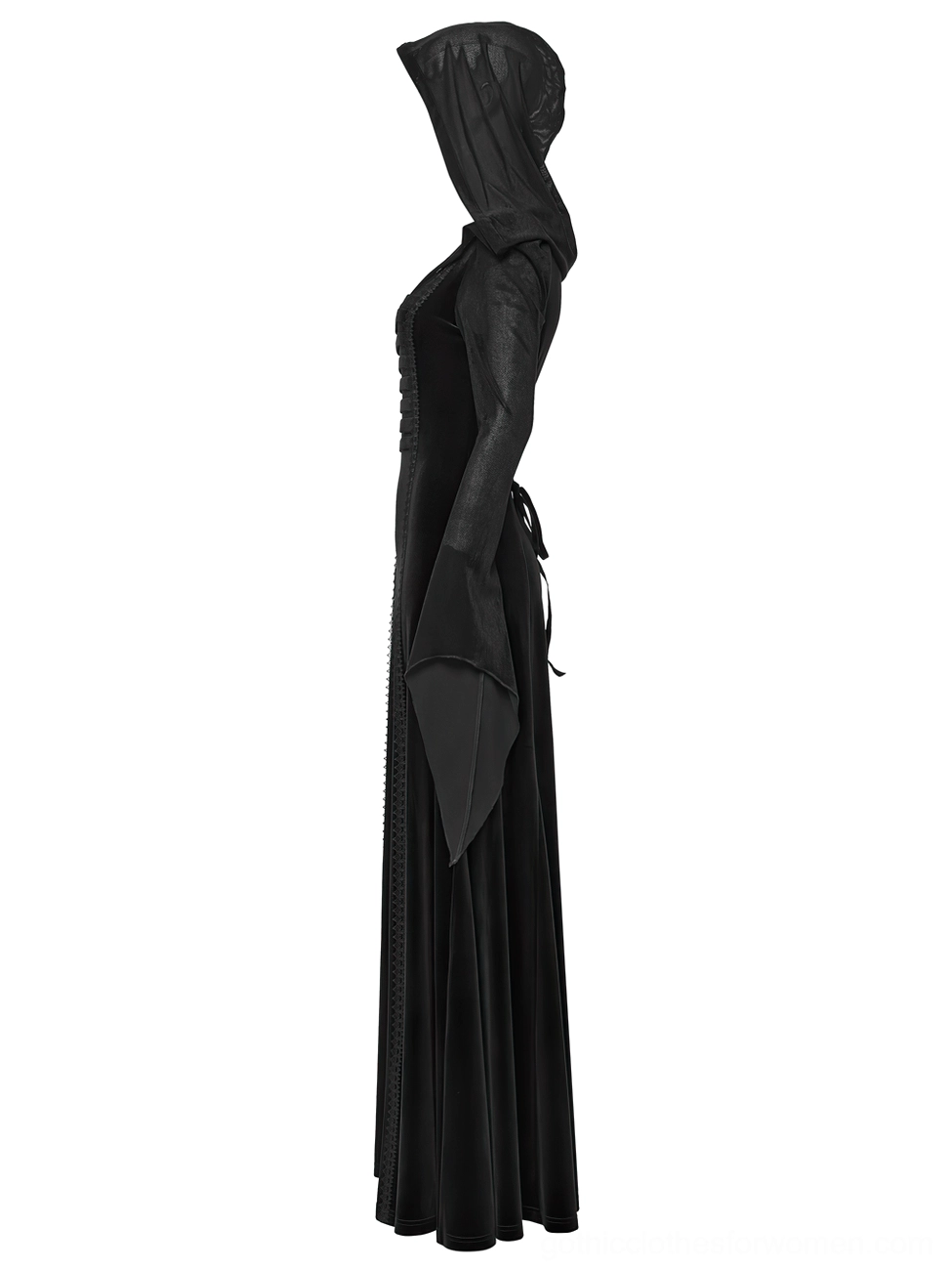 Side view flat lay of black gothic hooded dress revealing fitted waist, flared floor-length skirt, and attached sheer hood