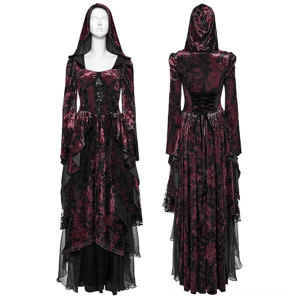 Burgundy gothic velvet hooded dress with square neckline and long fitted sleeves on mannequin display