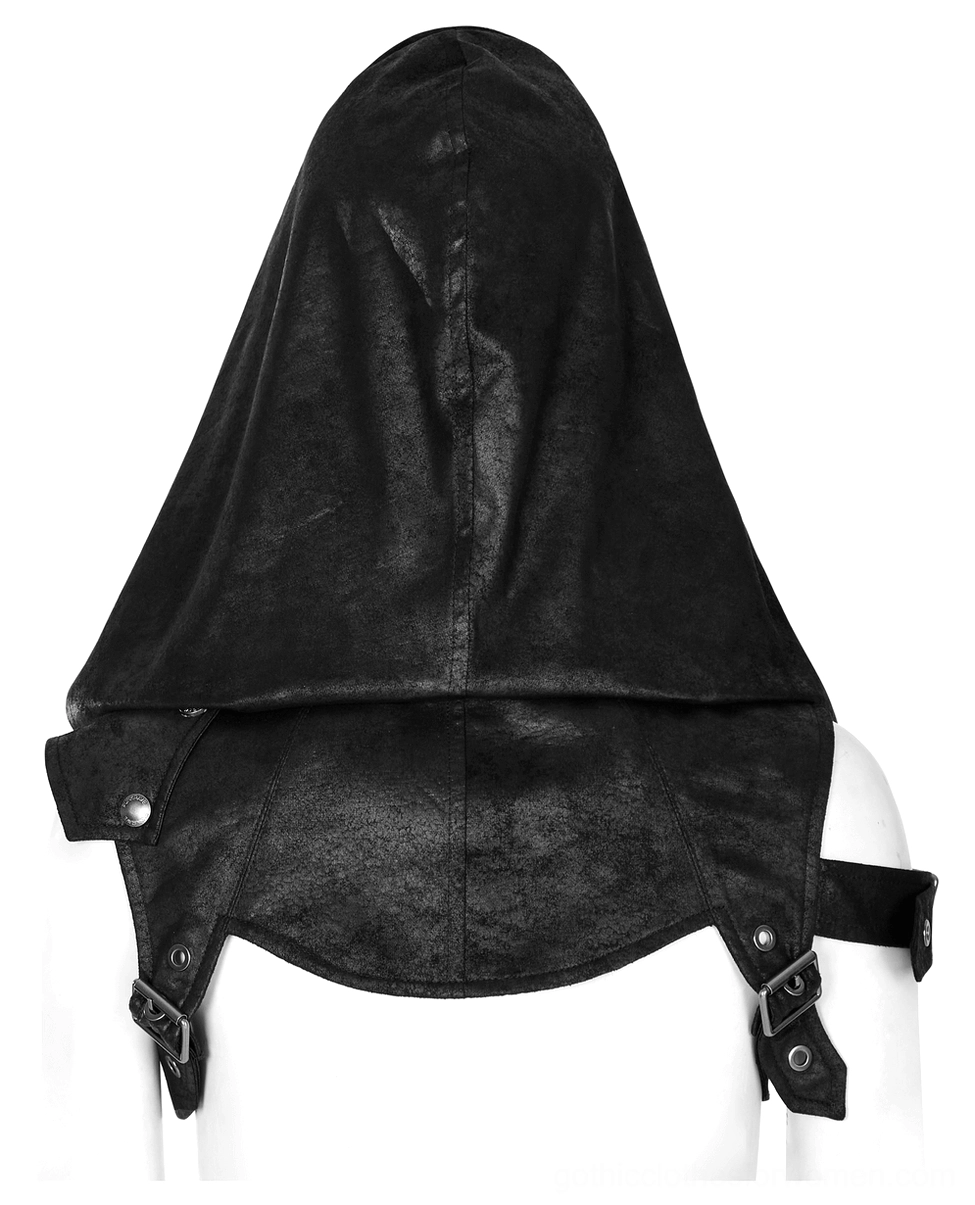 Back view of black gothic hooded harness on mannequin displaying rear adjustable straps and rivet fasteners