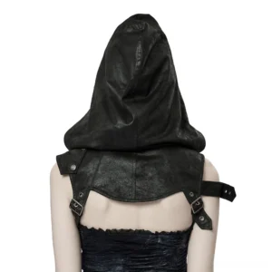 Black cracked faux leather gothic harness back view showing adjustable shoulder straps and rivet details