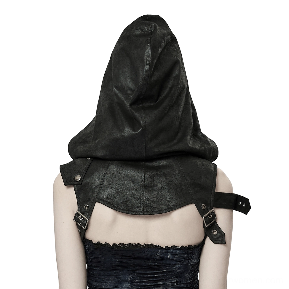 Black cracked faux leather gothic harness back view showing adjustable shoulder straps and rivet details