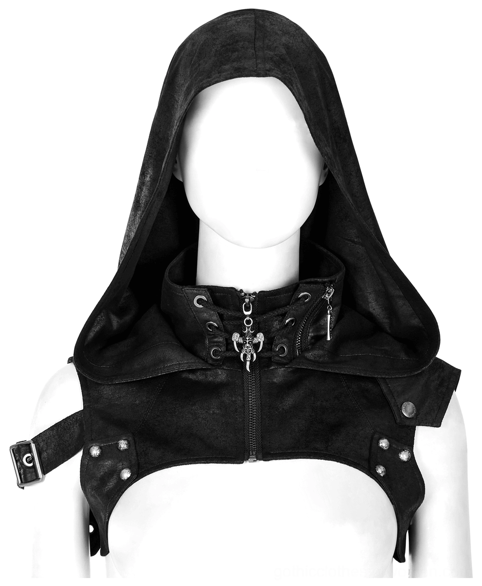 Black gothic hooded harness mannequin view showing high collar hood and metal studded shoulder accents
