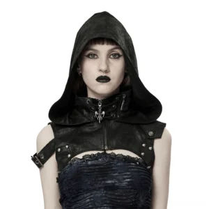 Gothic hooded faux leather harness with skull pendant - front portrait view on female model wearing black alternative fashion