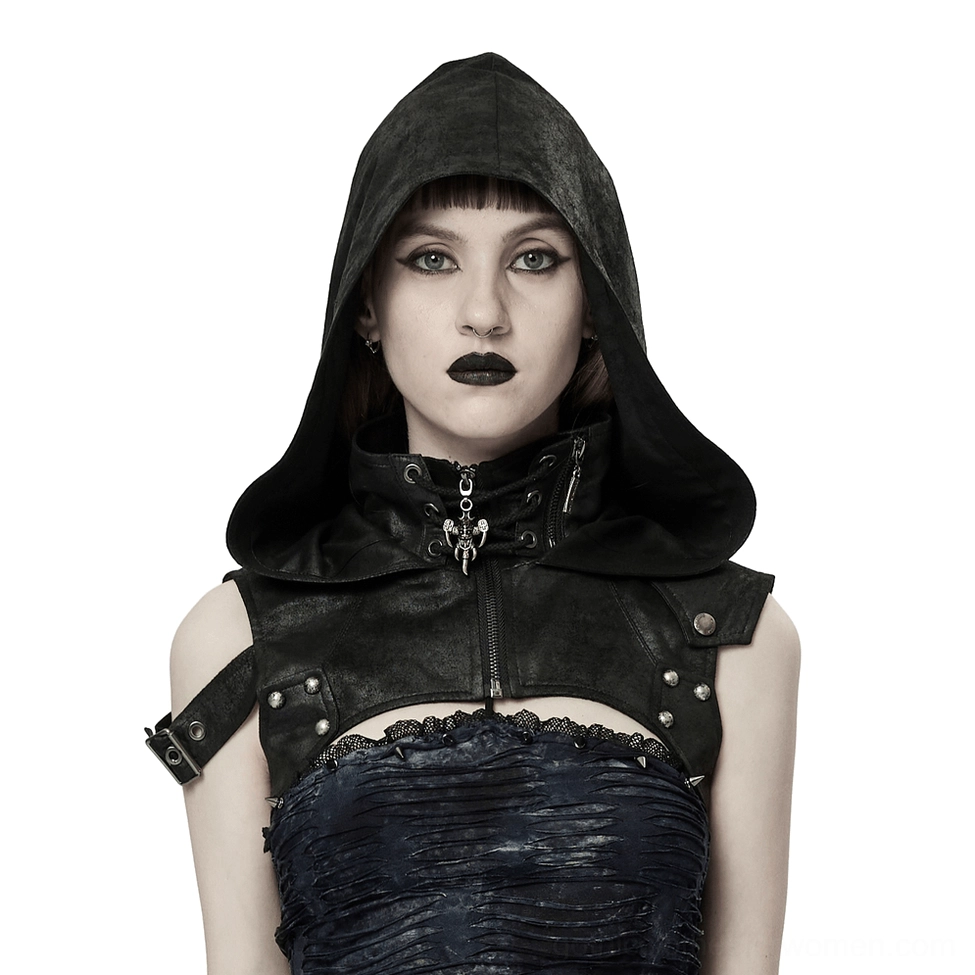 Gothic hooded faux leather harness with skull pendant - front portrait view on female model wearing black alternative fashion