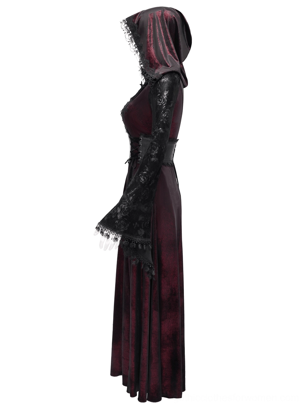 Burgundy velvet gothic hooded maxi coat with black lace sleeves and corset waist, side profile showing floor-length silhouette and hood attachment