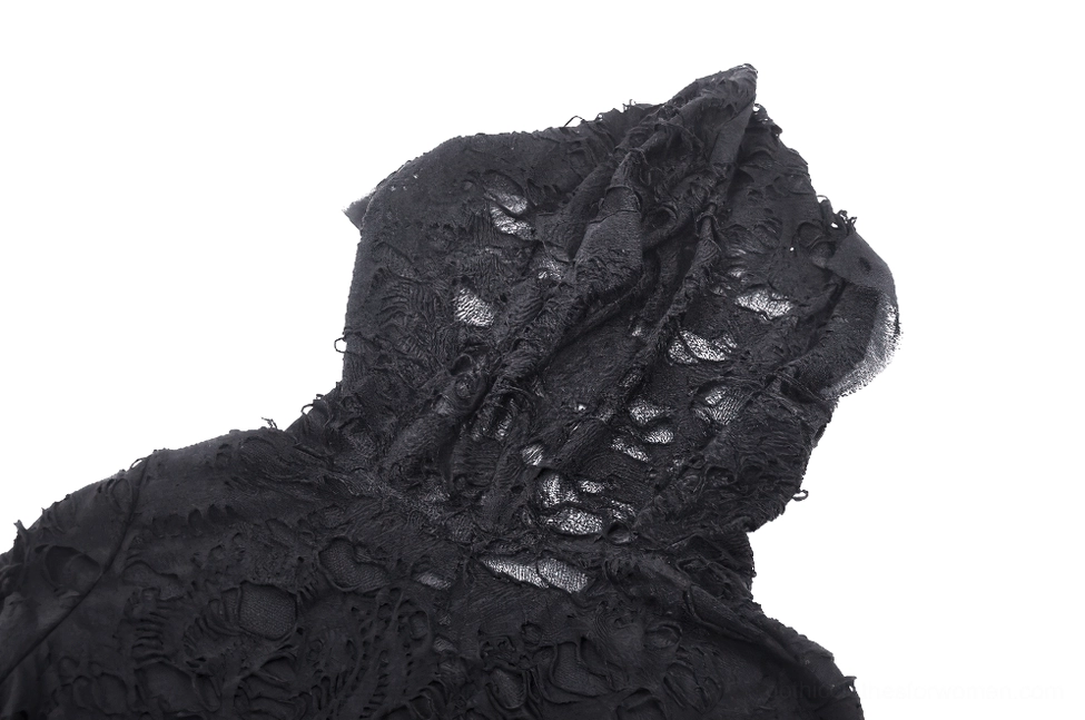 Complete lace construction and rip details on black gothic hoodie - artistic product presentation