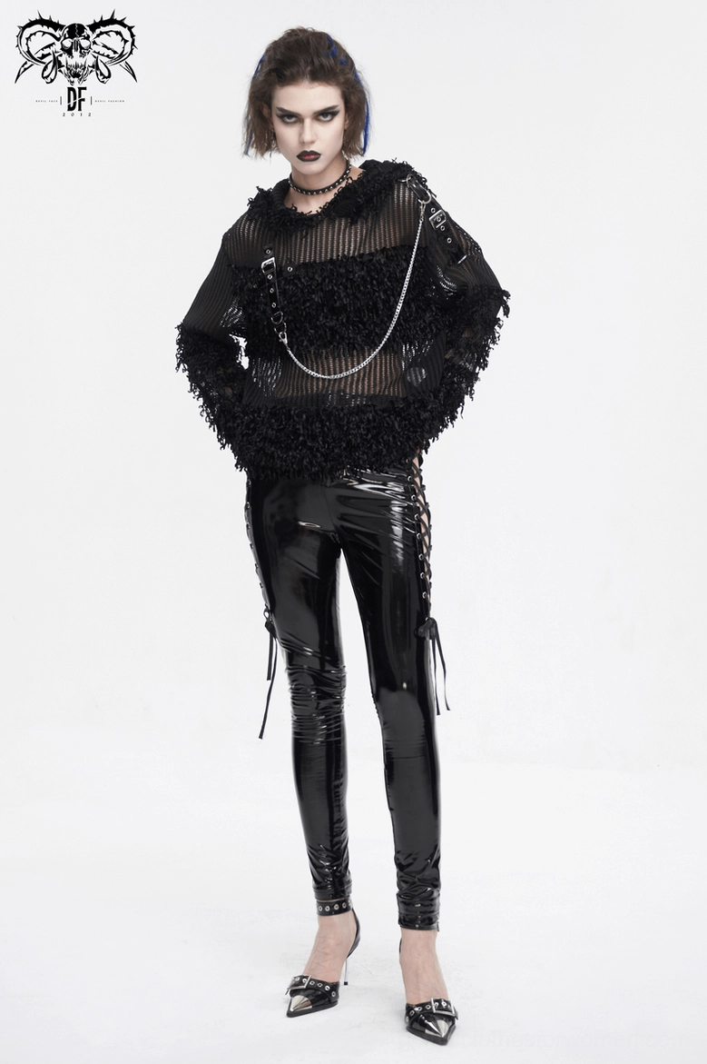 Black distressed sheer gothic hoodie close-up detail shot highlighting frayed mesh texture and chain embellishment craftsmanship