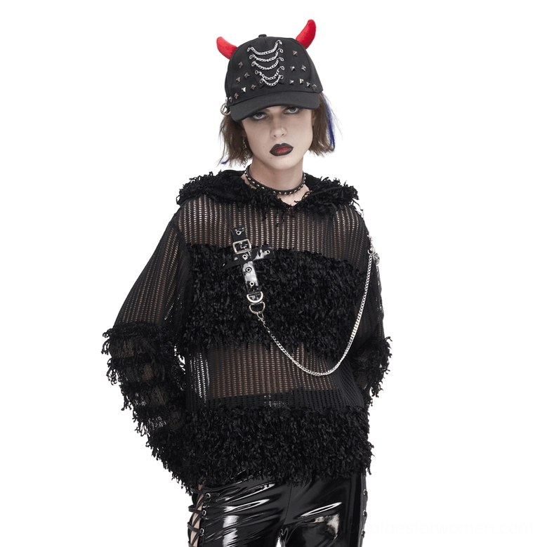 Black gothic distressed sheer hoodie front view on model with punk aesthetic styling, detachable chain and mesh fabric visible