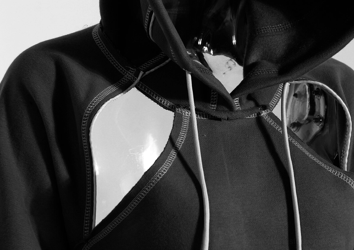 Gothic crop hoodie fabric and texture close-up showing polyester-cotton blend material quality