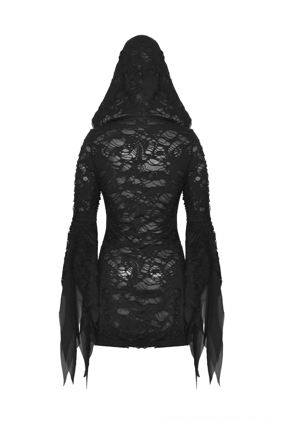 Gothic hoodie flat lay back view - fitted cut with tattered sleeve ends and lace detail