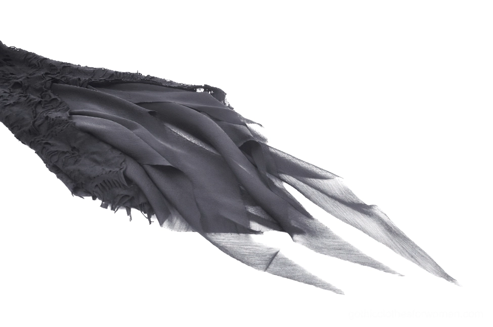 Black sheer tattered flowing sleeve hem detail of gothic lace ripped hoodie