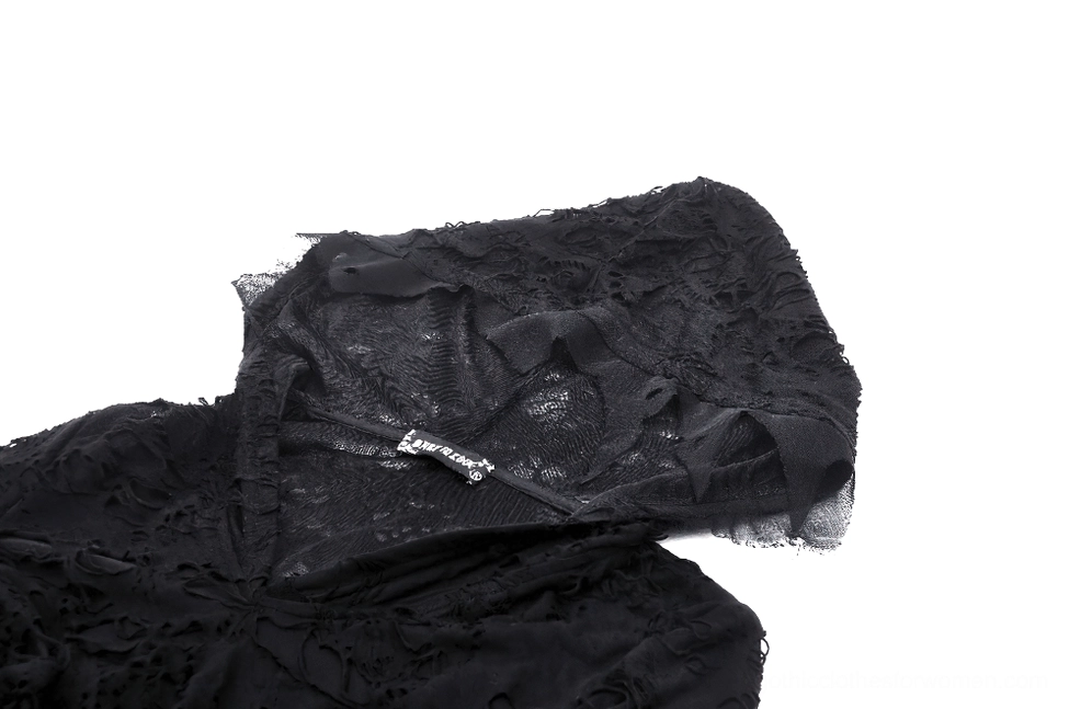 Gothic hoodie hood and collar lace detail with brand tag - close-up of hooded design