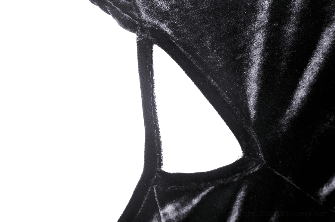 Shoulder cutout detail close-up revealing strategic ventilation design, black velvet fabric quality, and professional seaming on gothic hoodie