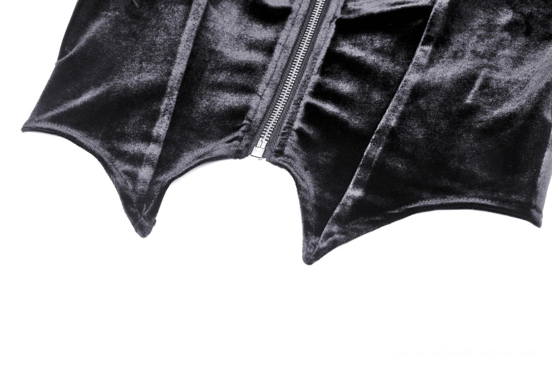 Front zipper and hem detail showing silver hardware, bat-wing scallop bottom edge, and velvet fabric texture on gothic batwing hoodie