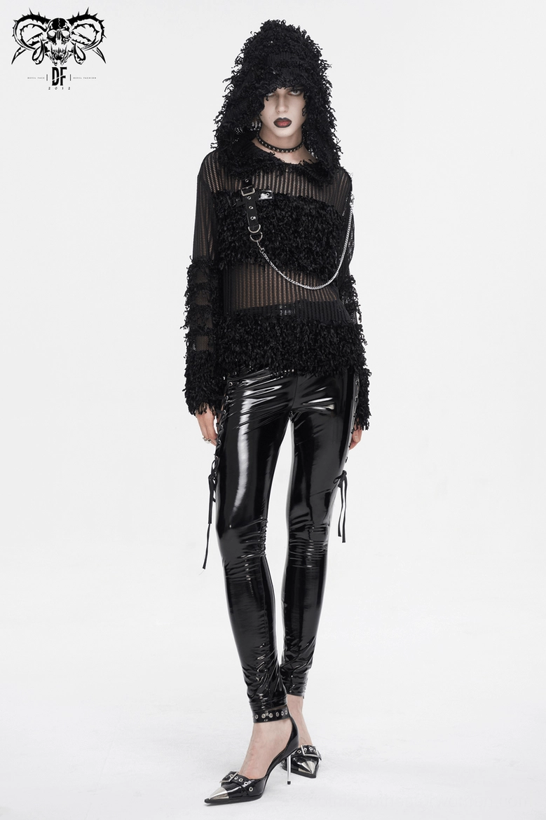 Black distressed sheer gothic hoodie sleeve detail showing mesh fabric and frayed edge finishing on sheer panels