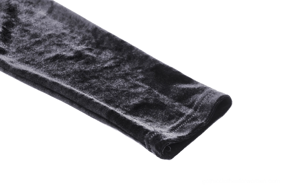 Long sleeve detail demonstrating smooth black velvet pile, fitted wrist taper, and quality fabric construction of gothic hoodie sleeves