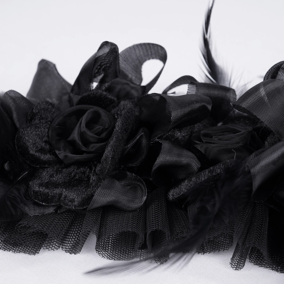 Complete gothic horn headpiece assembly showing ribbon fastening system and sculptural horn design from overhead