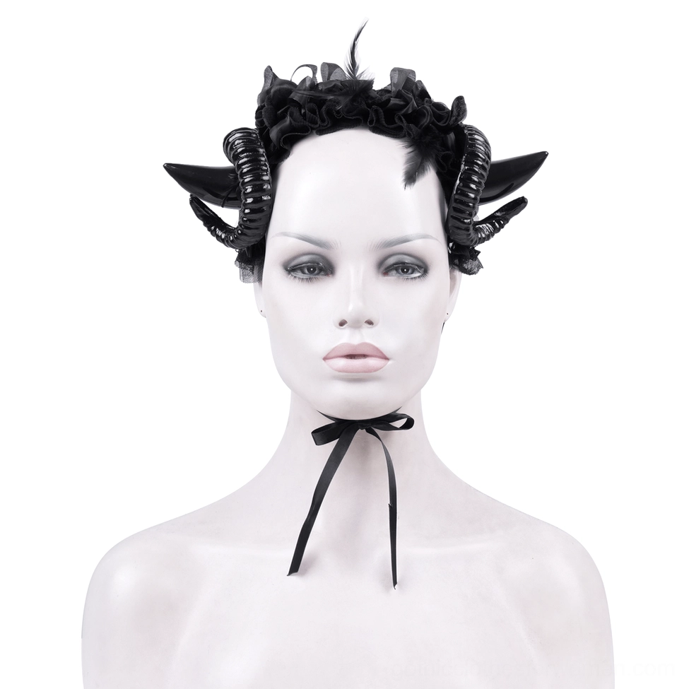 Black gothic horn headpiece with ruffled trim and adjustable ribbon neck tie displayed on mannequin bust, front view
