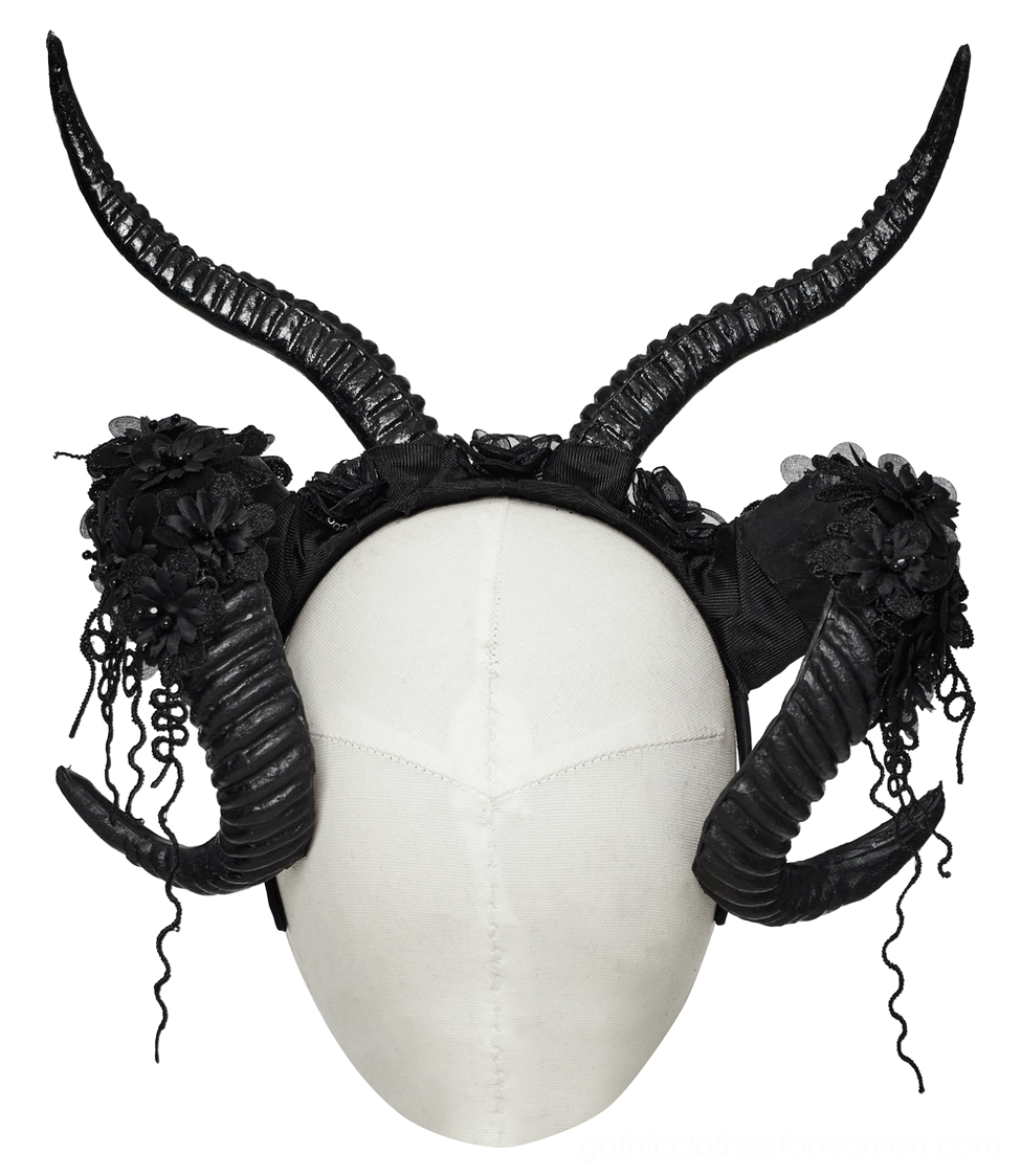 Black gothic horned headpiece front right angle view highlighting textured ram horns and dangling lace trim details