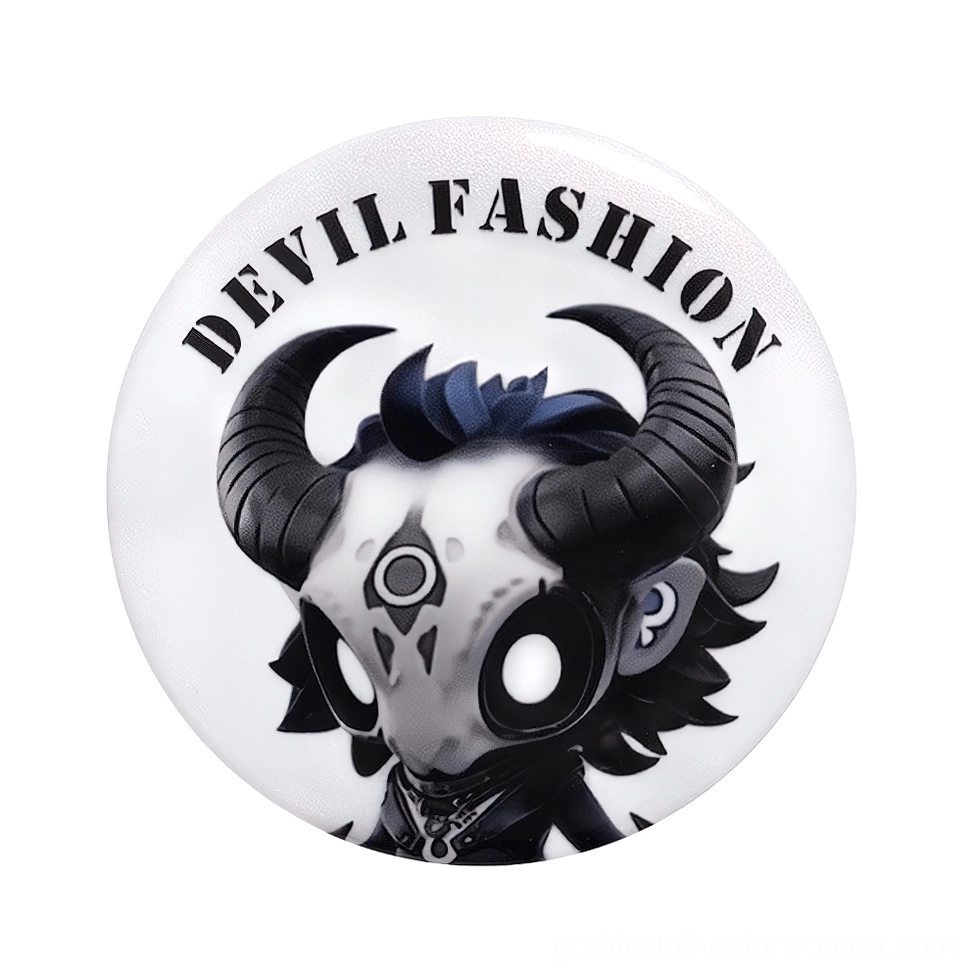 Gothic horned skull logo pin badge front flat product display with white base and black demon skull artwork
