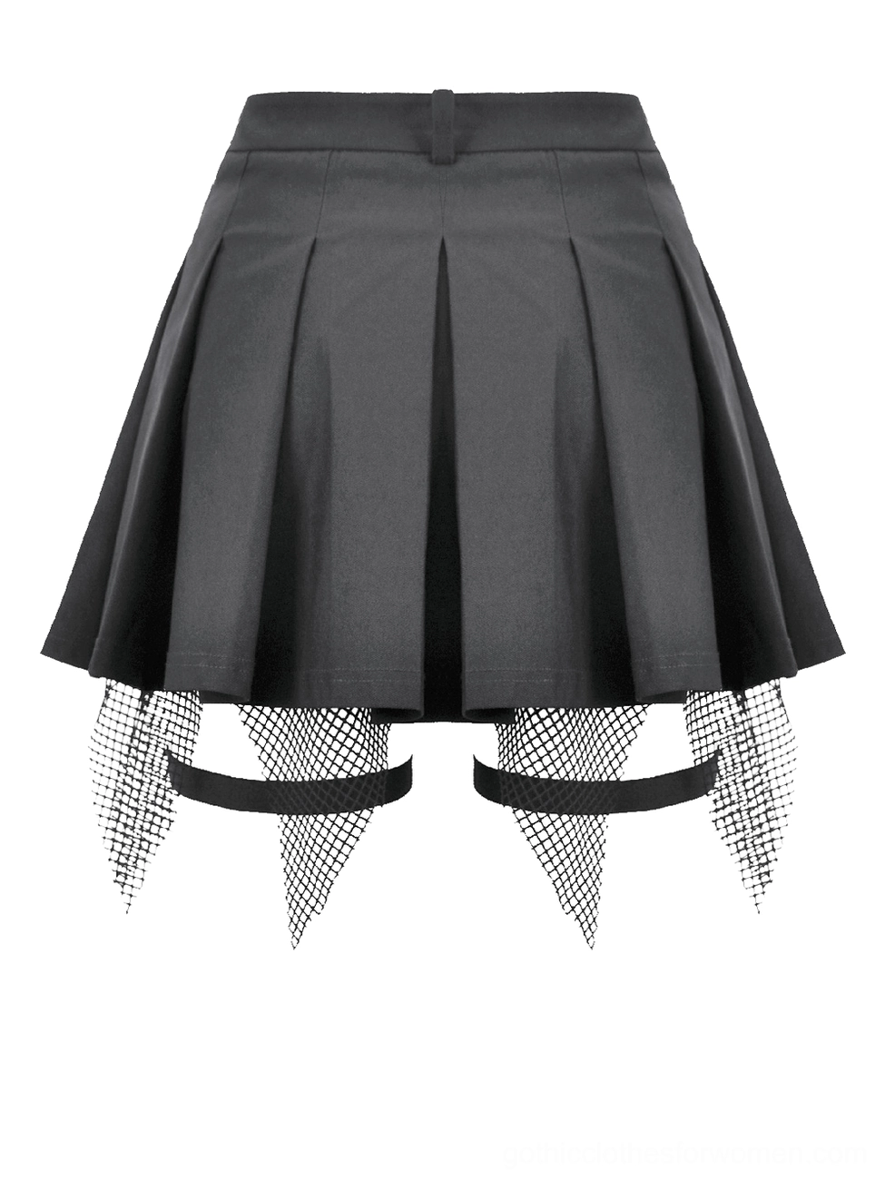 Hybrid gothic skirt-shorts with hidden shorts base and high-waisted buckle strap design, flat lay view