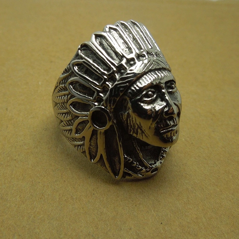 Stainless steel Indian chief gothic ring detailed close-up of intricate carved chief facial features and headdress ornamentation