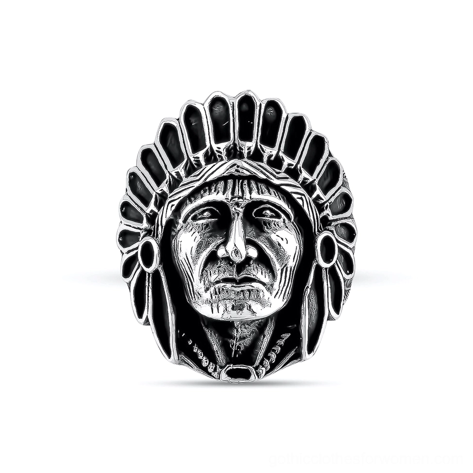 Indian chief portrait stainless steel statement ring frontal view showcasing detailed carved facial features and aged metal finish