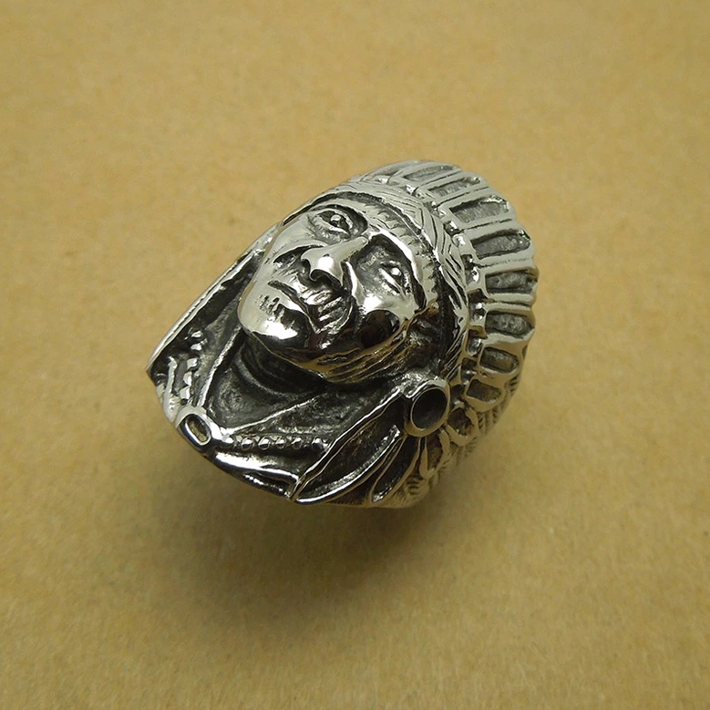 Indian chief stainless steel ring showcasing complete band design with feathered headdress elements and dark vintage patina
