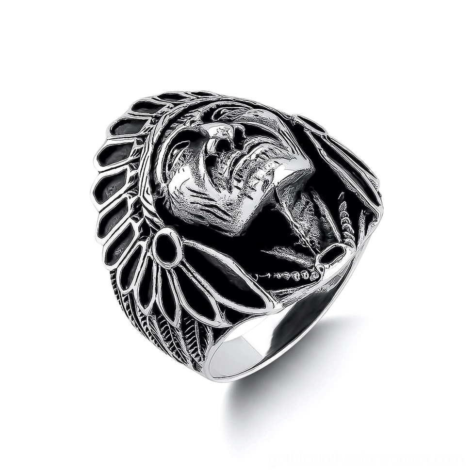 Reverse side of gothic Indian chief ring displaying intricate feathered ornament patterns and engraved details along the band