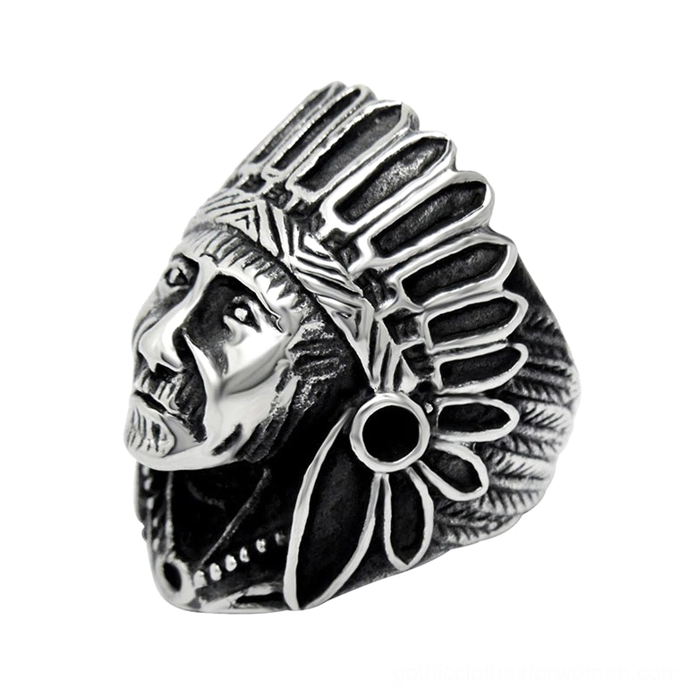 Gothic Indian chief stainless steel ring with intricate feathered headdress carving and dark vintage silver finish, shown from left side angle