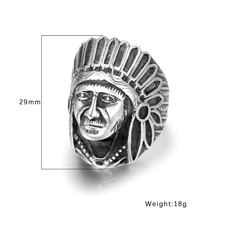 Gothic Indian chief ring size and weight specifications displayed with measurements showing 29mm height and 18g weight