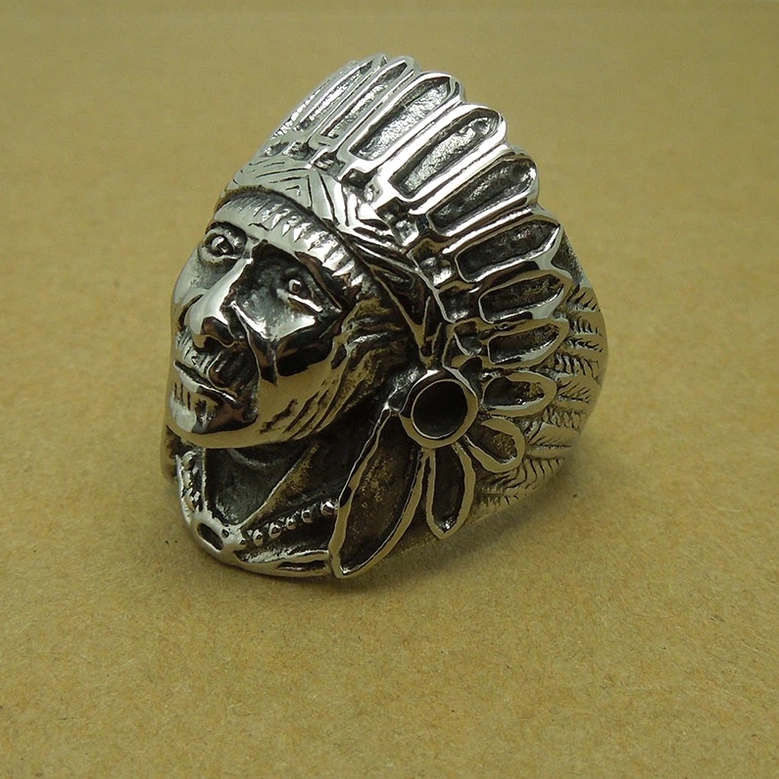 Gothic statement ring featuring authentic Indian chief portrait carving with substantial 6.5mm band width and aged dark finish