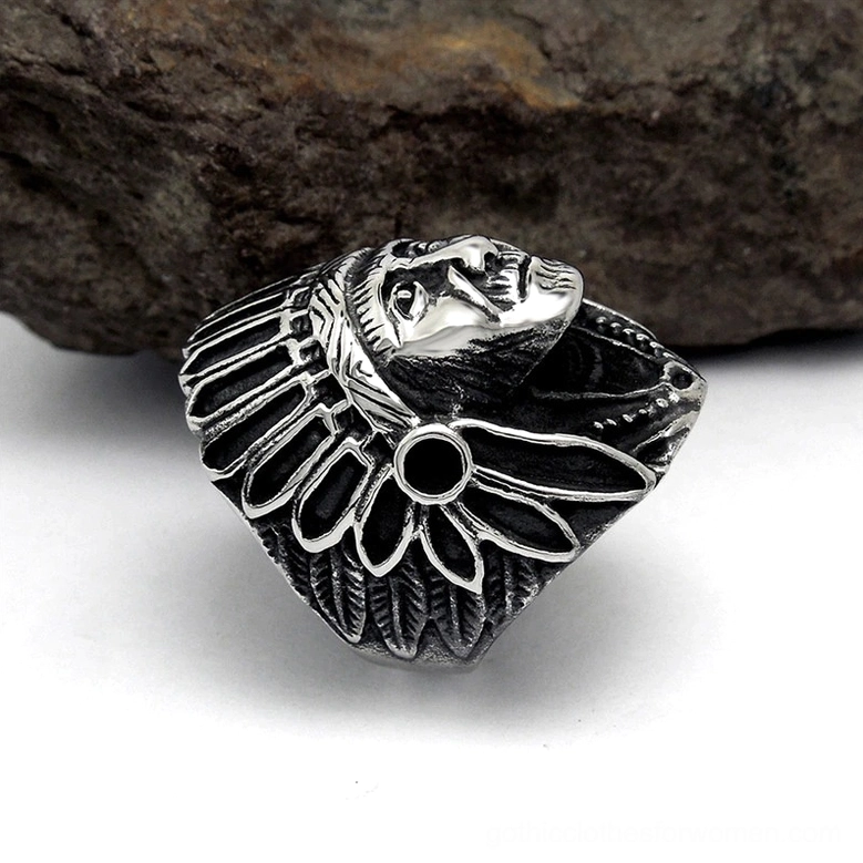 Gothic Indian chief ring top view showing side-mounted reverse feathered ornament patterns and intricate band engraving