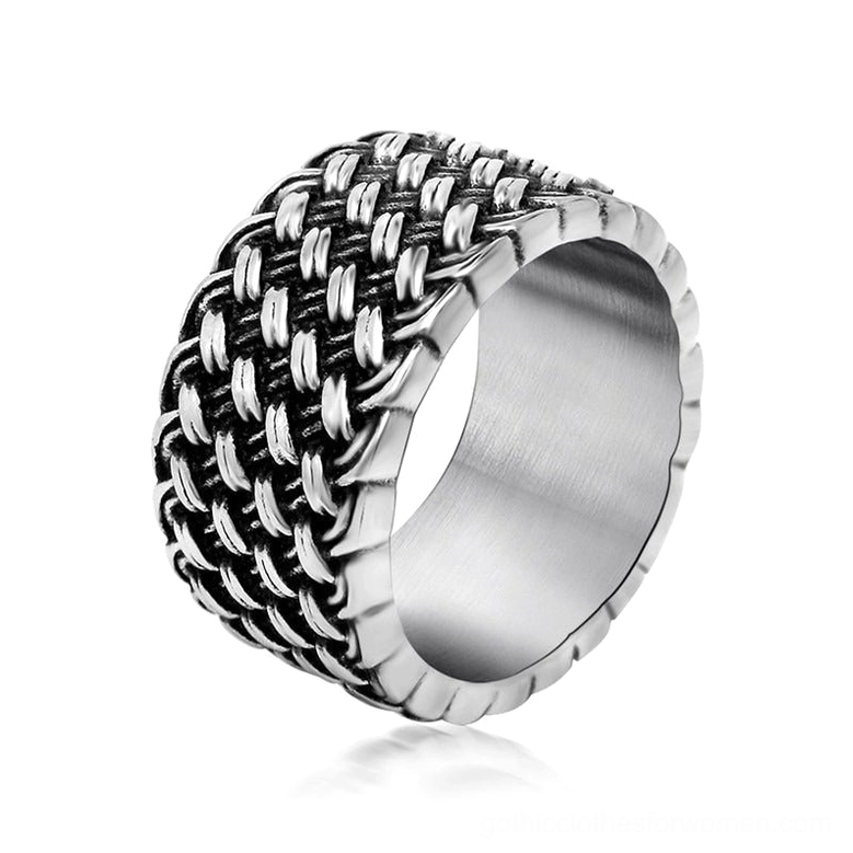Interwoven stainless steel gothic ring top view showing woven braided surface pattern and polished silver finish