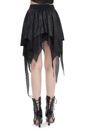 Black gothic skirt irregular fishnet hem back view on model with pleated design