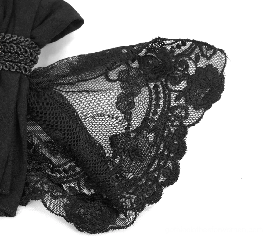 Side close-up detail of gothic lace jabot displaying floral embroidered lace and scalloped edge finishing