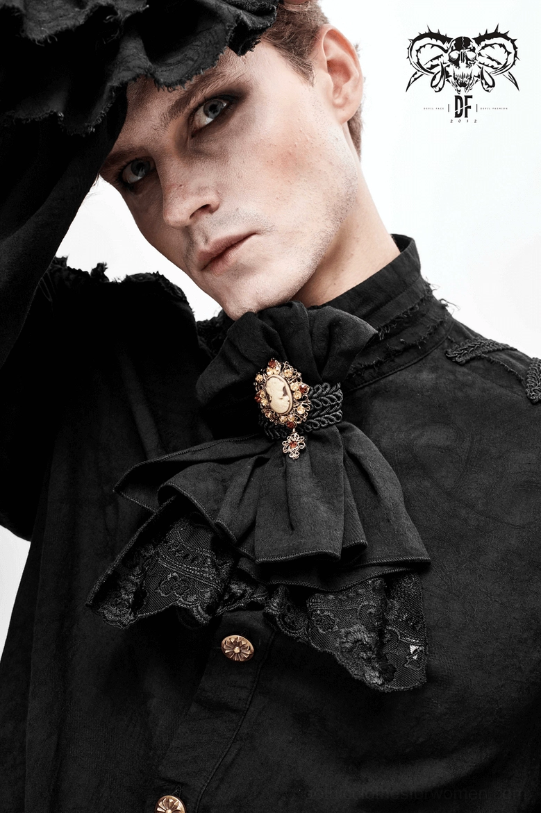 Black gothic jabot neckwear showcasing cameo brooch and lace detailing for theatrical performance wear