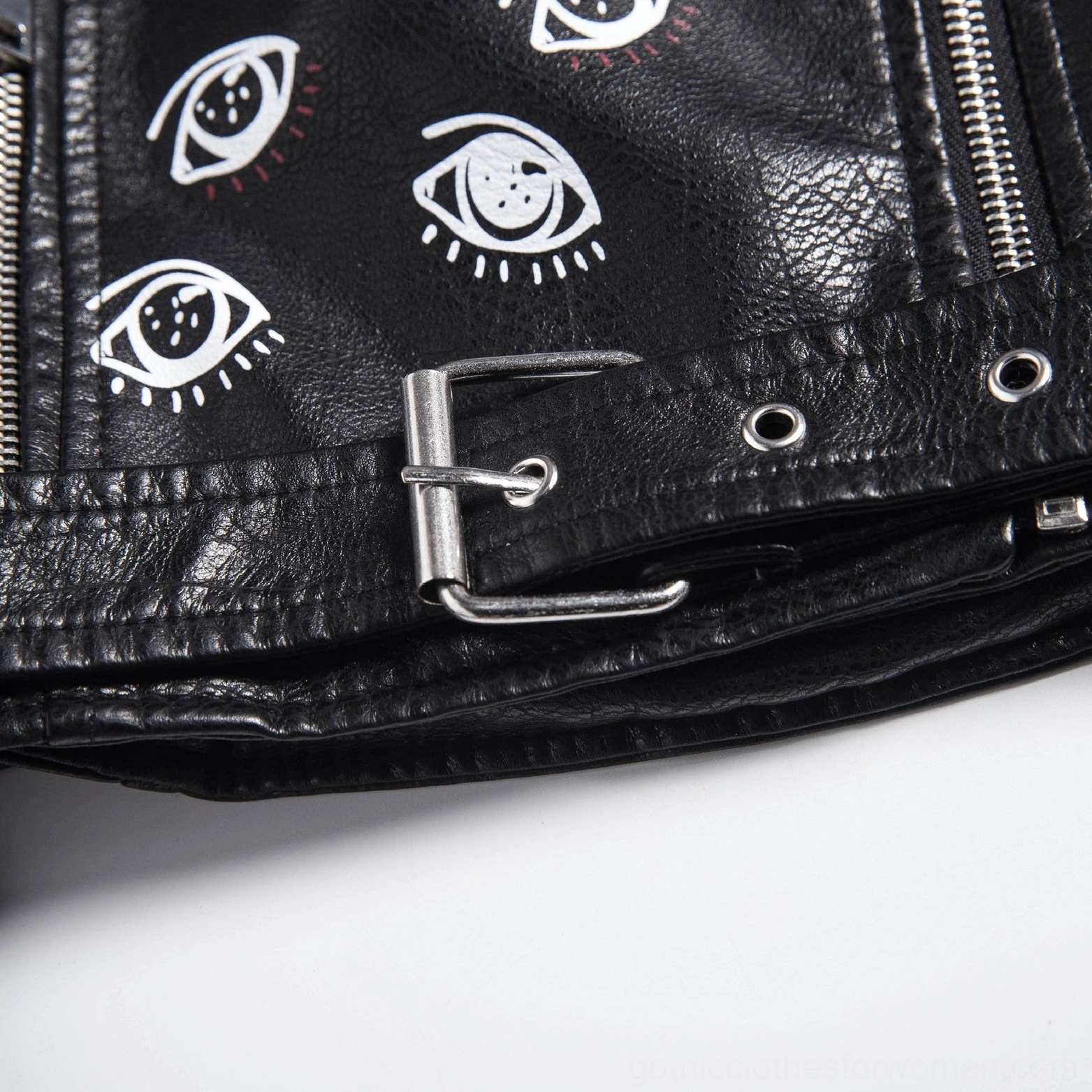 Black leather jacket front with emphasis on 3D printed eye motifs mystical symbols and artistic text elements