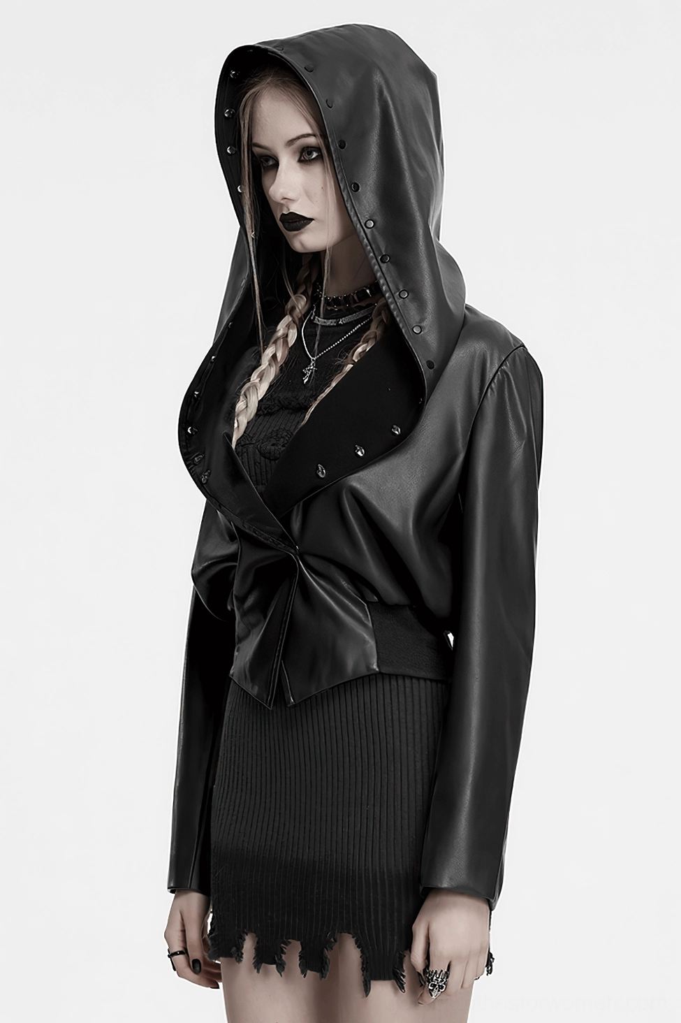 Alternative angle of black gothic jacket styling - velvet accents faux leather construction dark fashion